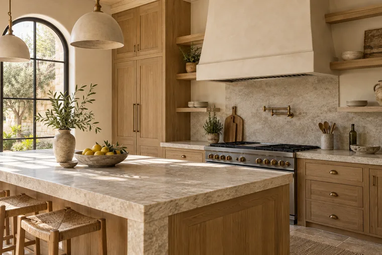 Cocina luminosa de madera y piedra, imagen ilustrativa
